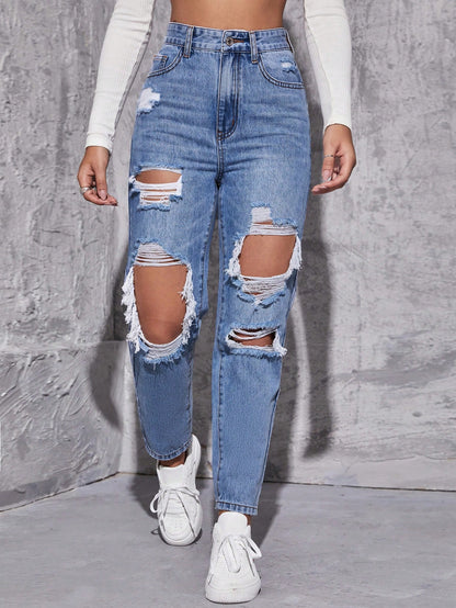 EZwear High Waist Ripped Mom Fit Jeans