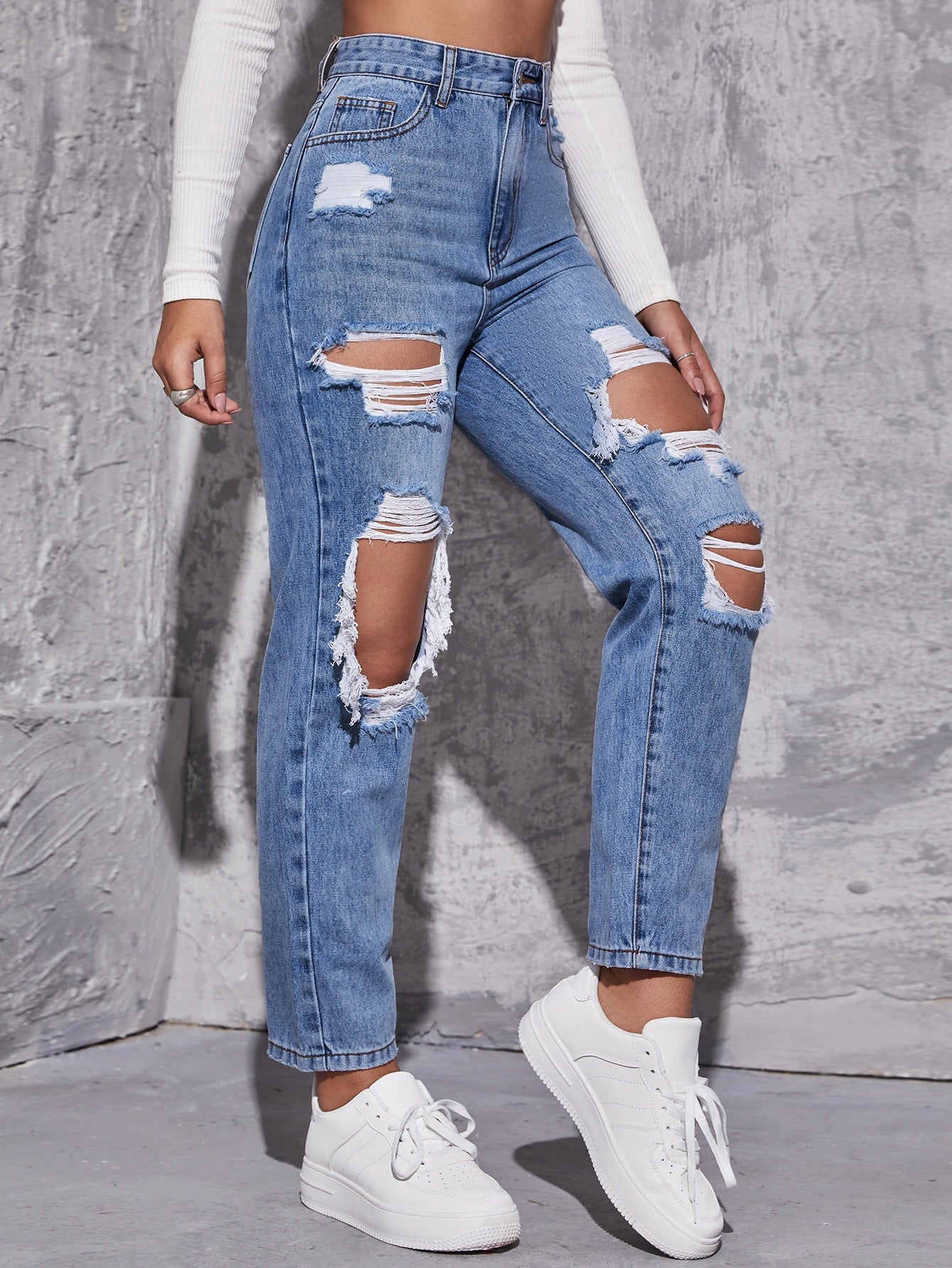 EZwear High Waist Ripped Mom Fit Jeans