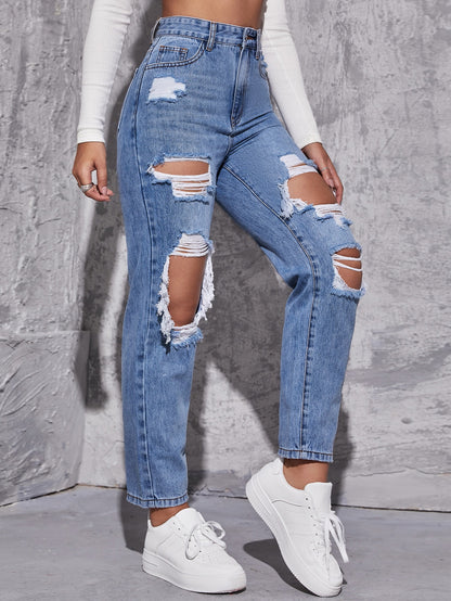 EZwear High Waist Ripped Mom Fit Jeans