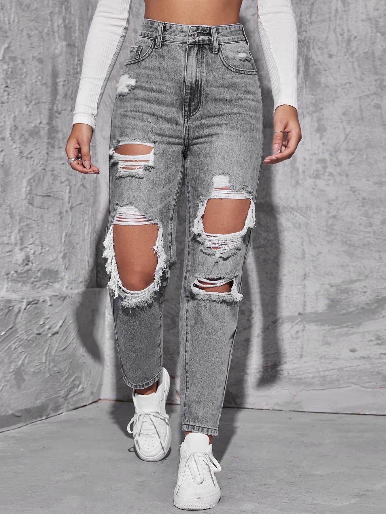 EZwear High Waist Ripped Mom Fit Jeans