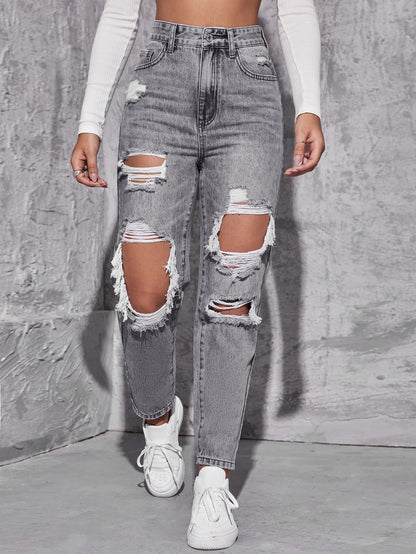 EZwear High Waist Ripped Mom Fit Jeans