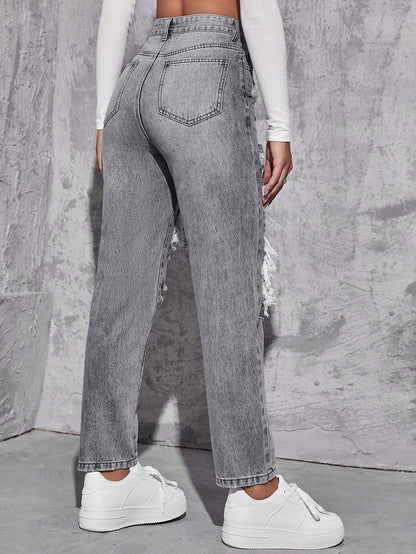 EZwear High Waist Ripped Mom Fit Jeans