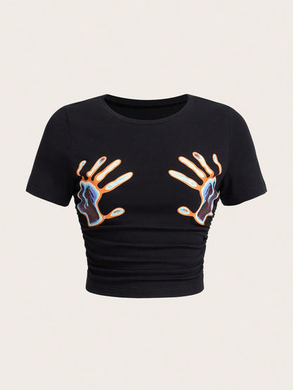 Coolane Hand Print Ruched Crop Tee