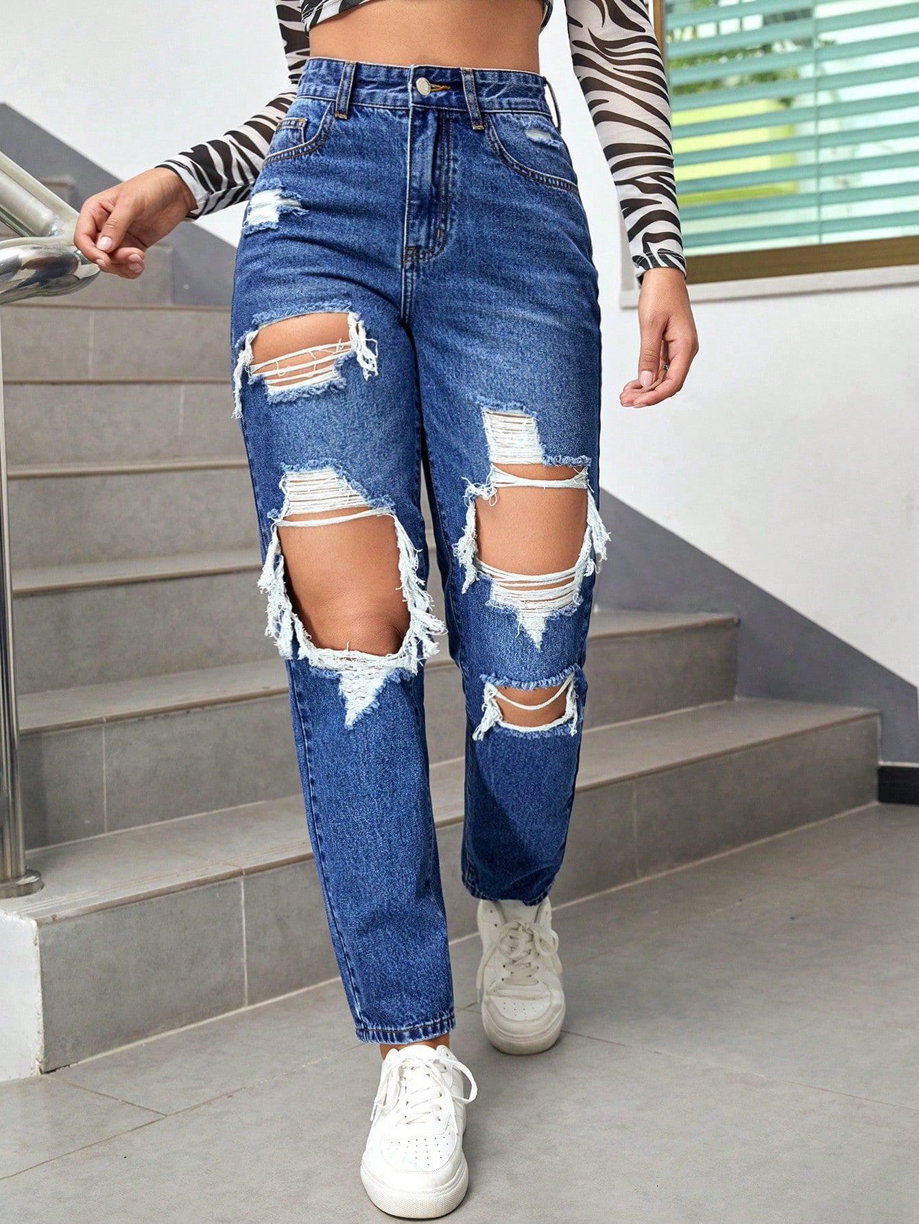 EZwear High Waist Ripped Mom Fit Jeans