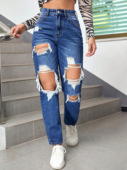 EZwear High Waist Ripped Mom Fit Jeans
