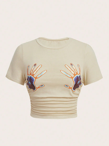 Coolane Hand Print Ruched Crop Tee