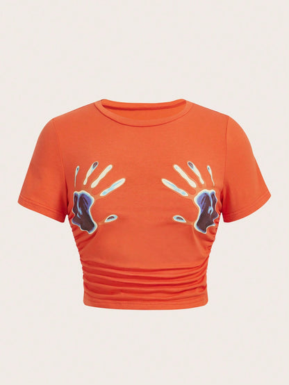 Coolane Hand Print Ruched Crop Tee