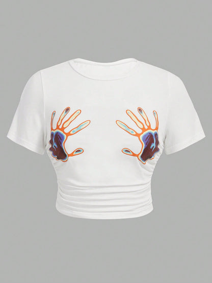 Coolane Hand Print Ruched Crop Tee