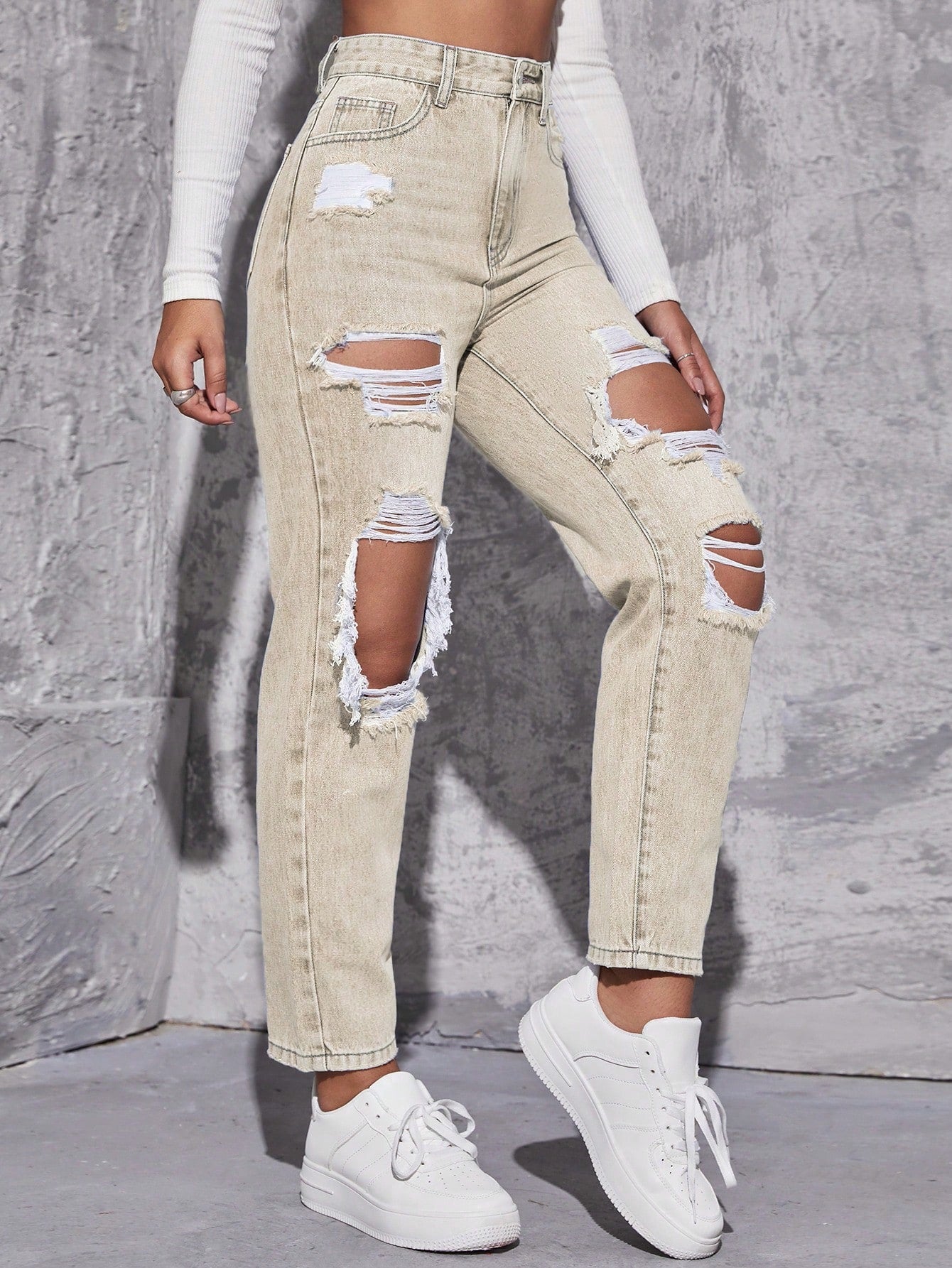 EZwear High Waist Ripped Mom Fit Jeans