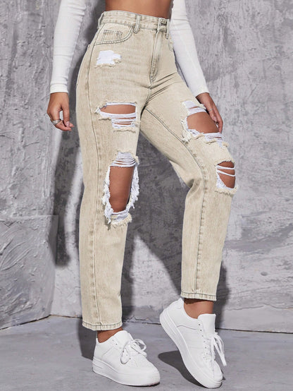 EZwear High Waist Ripped Mom Fit Jeans