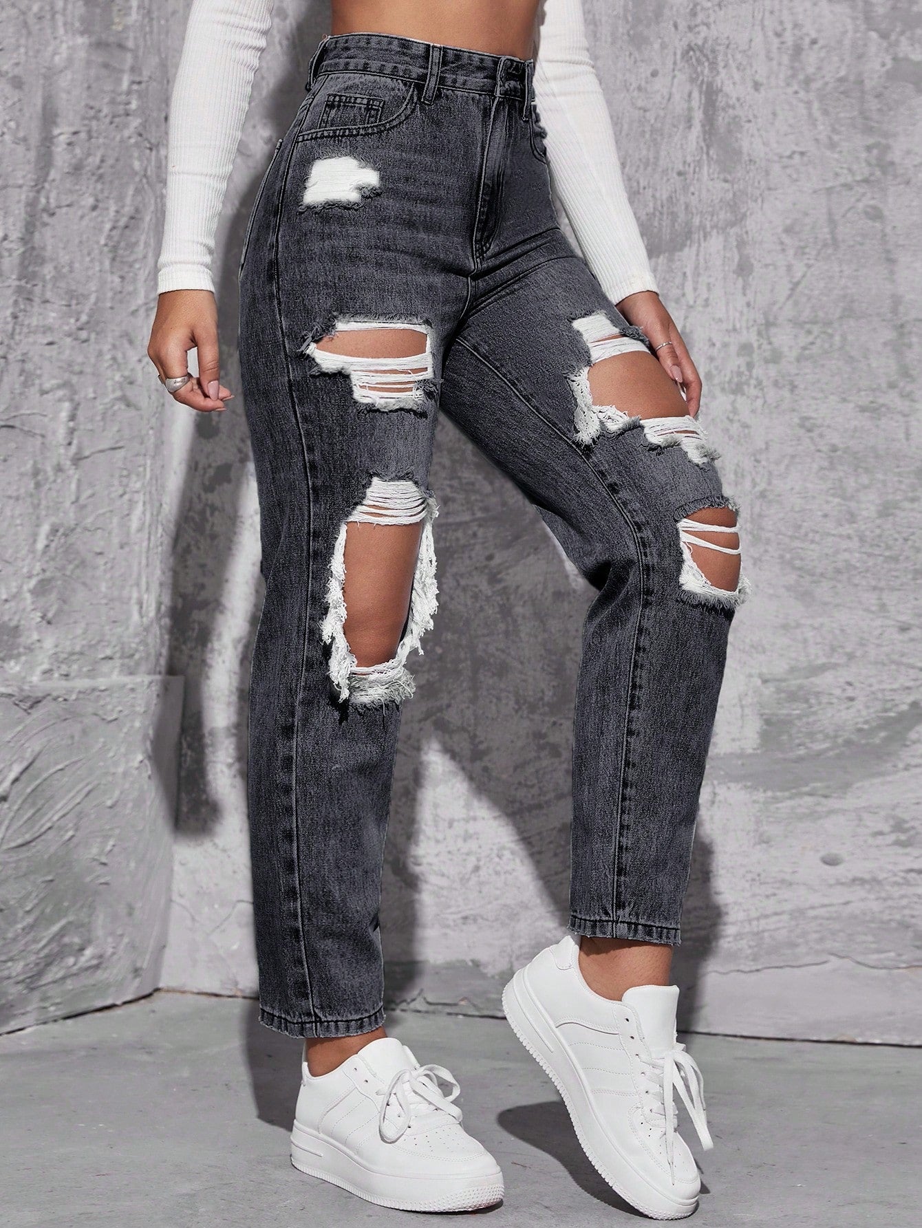 EZwear High Waist Ripped Mom Fit Jeans