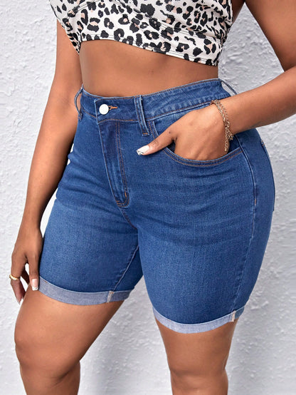 SXY Plus Solid Roll Up Hem Denim Shorts