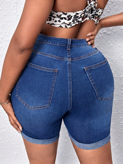 SXY Plus Solid Roll Up Hem Denim Shorts