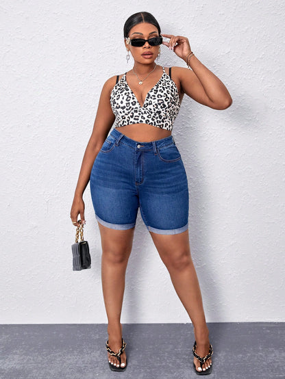 SXY Plus Solid Roll Up Hem Denim Shorts