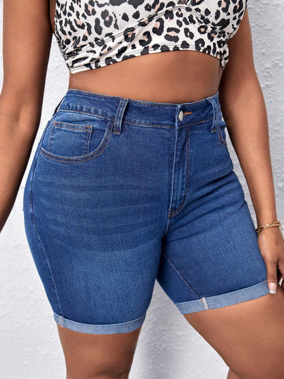 SXY Plus Solid Roll Up Hem Denim Shorts