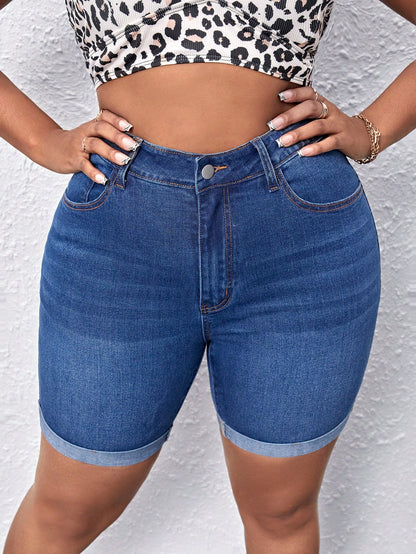 SXY Plus Solid Roll Up Hem Denim Shorts