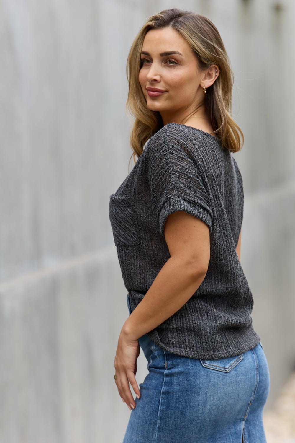 E.Luna Full Size Chunky Knit Short Sleeve Top in Gray