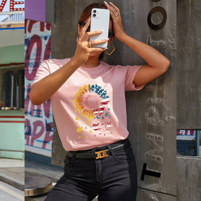 Women's Sunflower Flag Print Short Sleeve T-Shirt