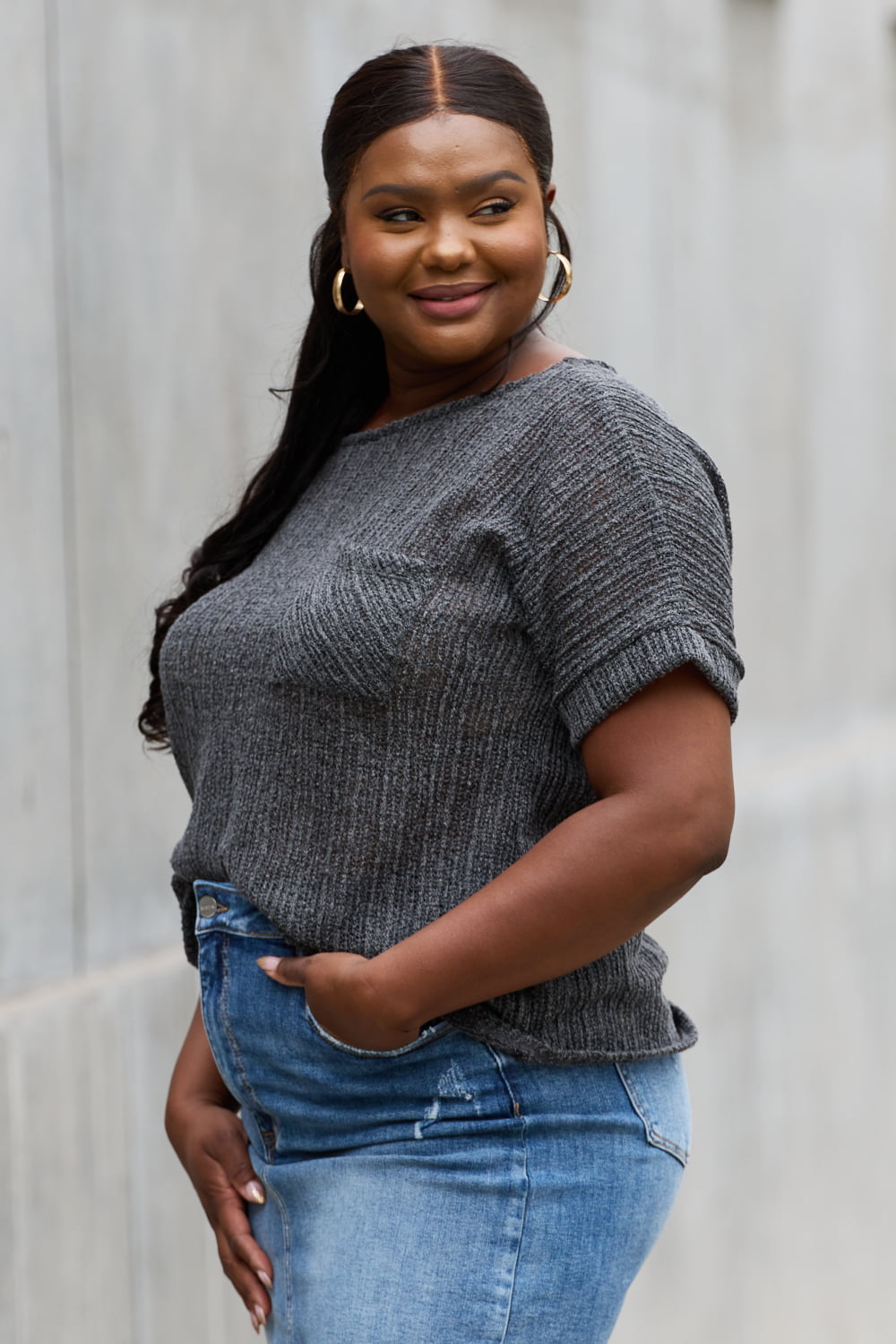 E.Luna Full Size Chunky Knit Short Sleeve Top in Gray