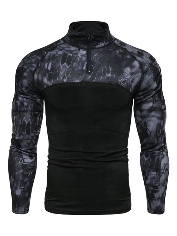Men's Military Field Outdoor Elastic Fitness Camouflage Long Sleeve Zipper Pocket T-Shirt