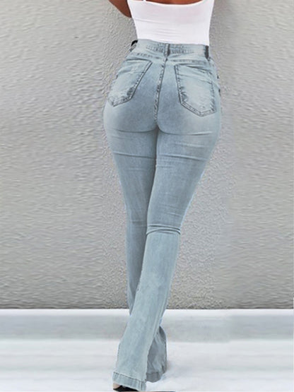 Elastic slit flared high waist jeans women's trousers