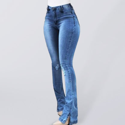 Elastic slit flared high waist jeans women's trousers