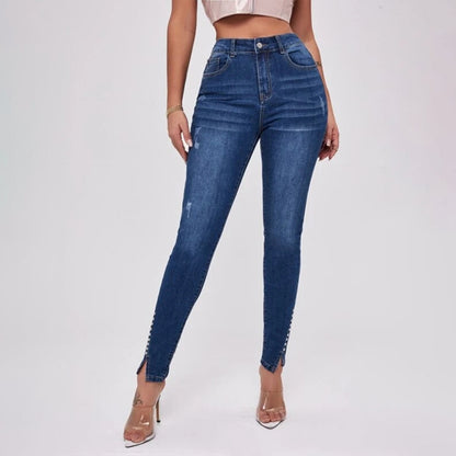 Women's Slit Bead Trim High Waist Jeans