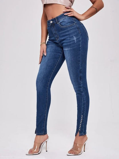 Women's Slit Bead Trim High Waist Jeans