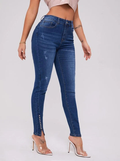 Women's Slit Bead Trim High Waist Jeans