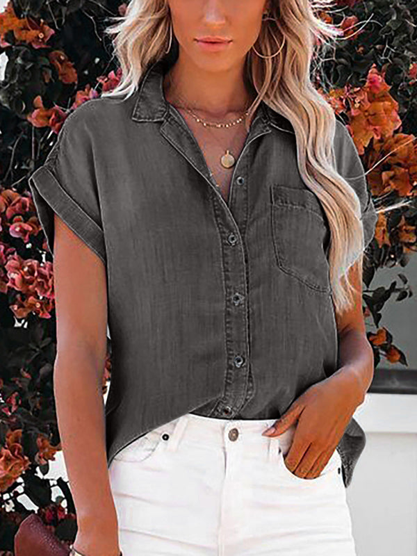 women's casual lapel denim short sleeve shirt
