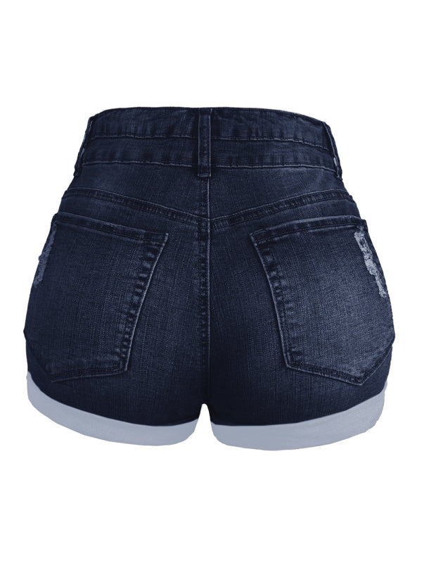 Trendy ripped rolled edge elastic high waist denim shorts women's hot pants