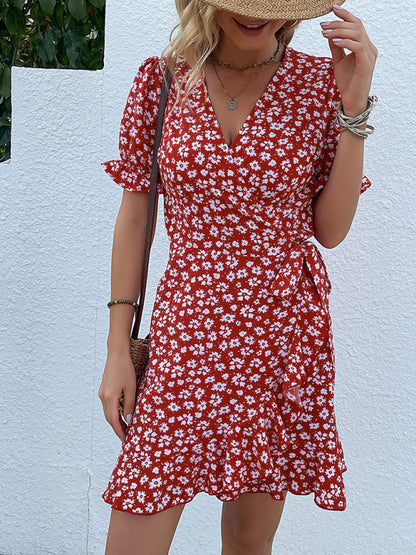 Women's woven floral ruffle one piece floral dress