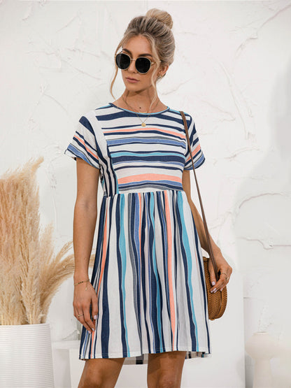 Women's color striped short sleeve loose dress