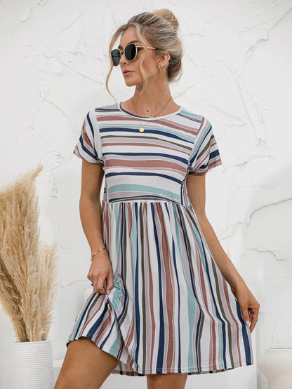 Women's color striped short sleeve loose dress