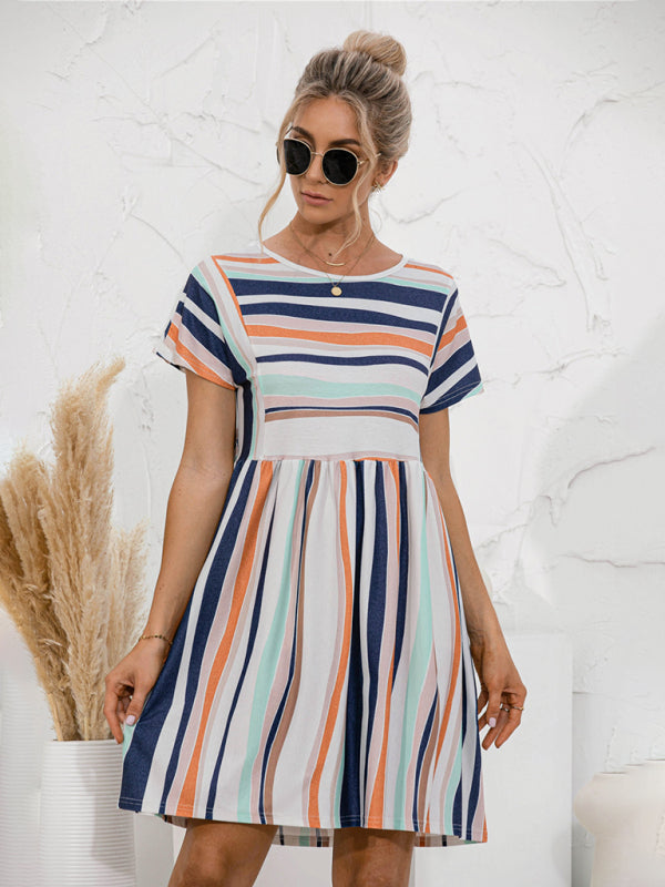Women's color striped short sleeve loose dress