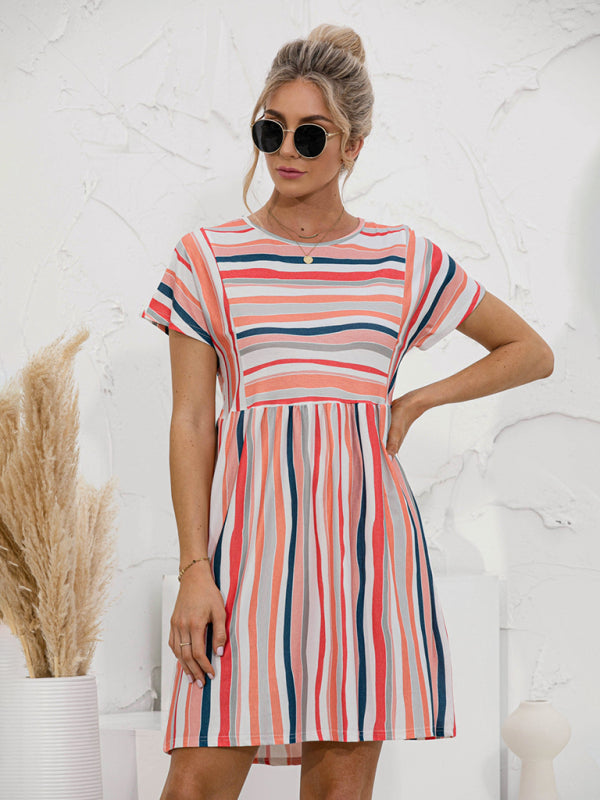 Women's color striped short sleeve loose dress
