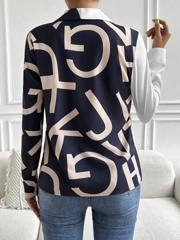 Women's woven commuter fashion geometric print stitching long-sleeved shirt