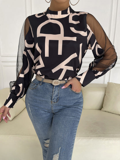 Women's geometric print stitching mesh round neck long-sleeved top