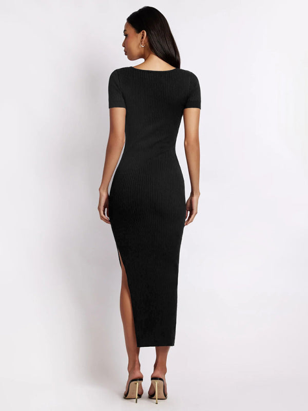 Women's knitted V-neck tight-fitting slit short-sleeved mid-length dress