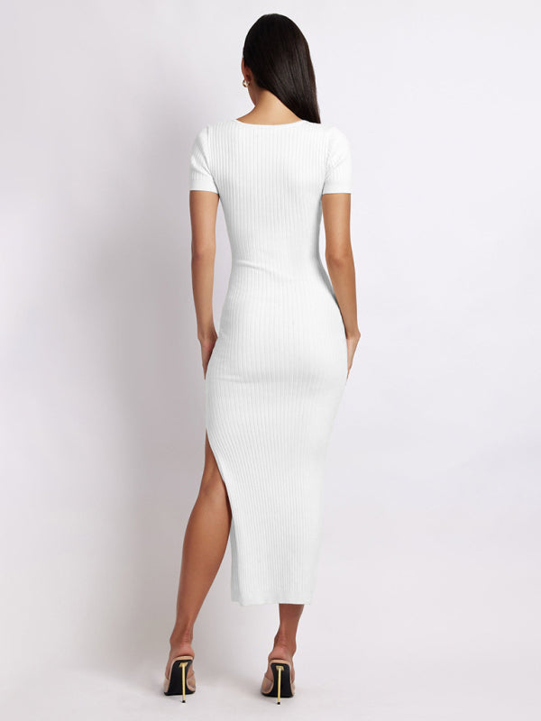 Women's knitted V-neck tight-fitting slit short-sleeved mid-length dress