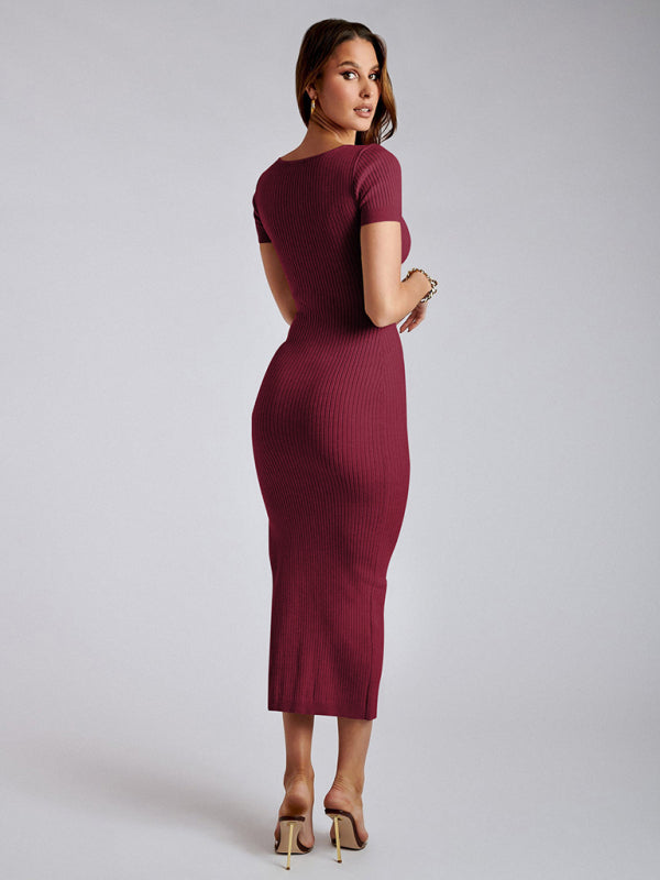 Women's knitted V-neck tight-fitting slit short-sleeved mid-length dress