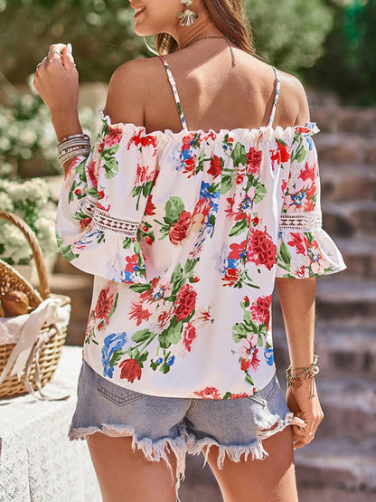 Women's Floral Print Off Shoulder Short Sleeve Top