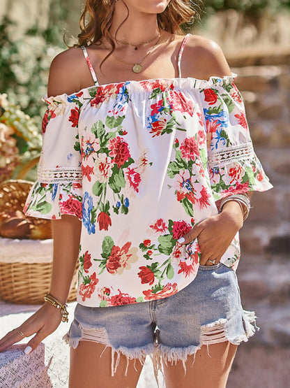 Women's Floral Print Off Shoulder Short Sleeve Top