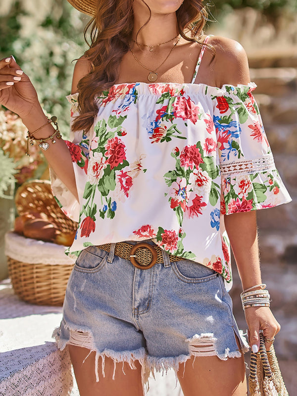 Women's Floral Print Off Shoulder Short Sleeve Top