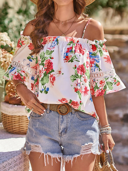 Women's Floral Print Off Shoulder Short Sleeve Top