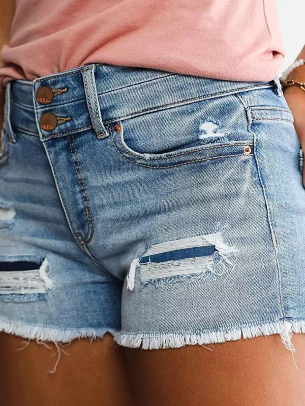 Women's High Waist Two Button Fashion Ripped Denim Shorts