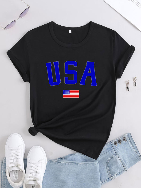 Women's Knitted Round Neck Independence Day Print Short Sleeve T-Shirt