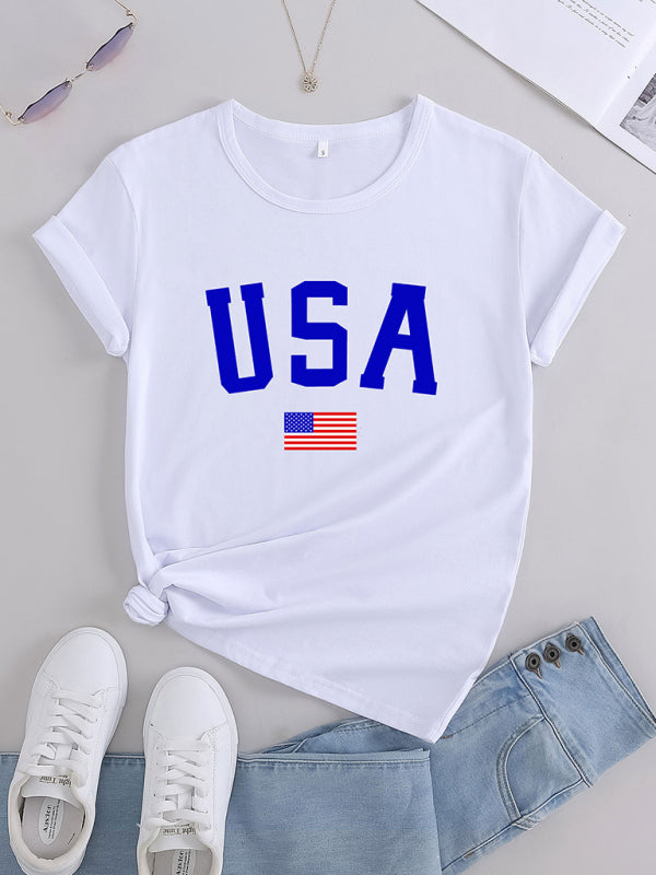 Women's Knitted Round Neck Independence Day Print Short Sleeve T-Shirt