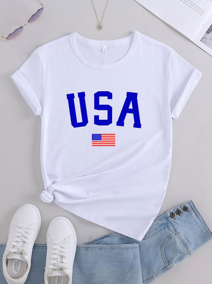 Women's Knitted Round Neck Independence Day Print Short Sleeve T-Shirt